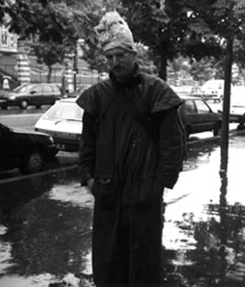 I demonstrate the poor man's rain hat.